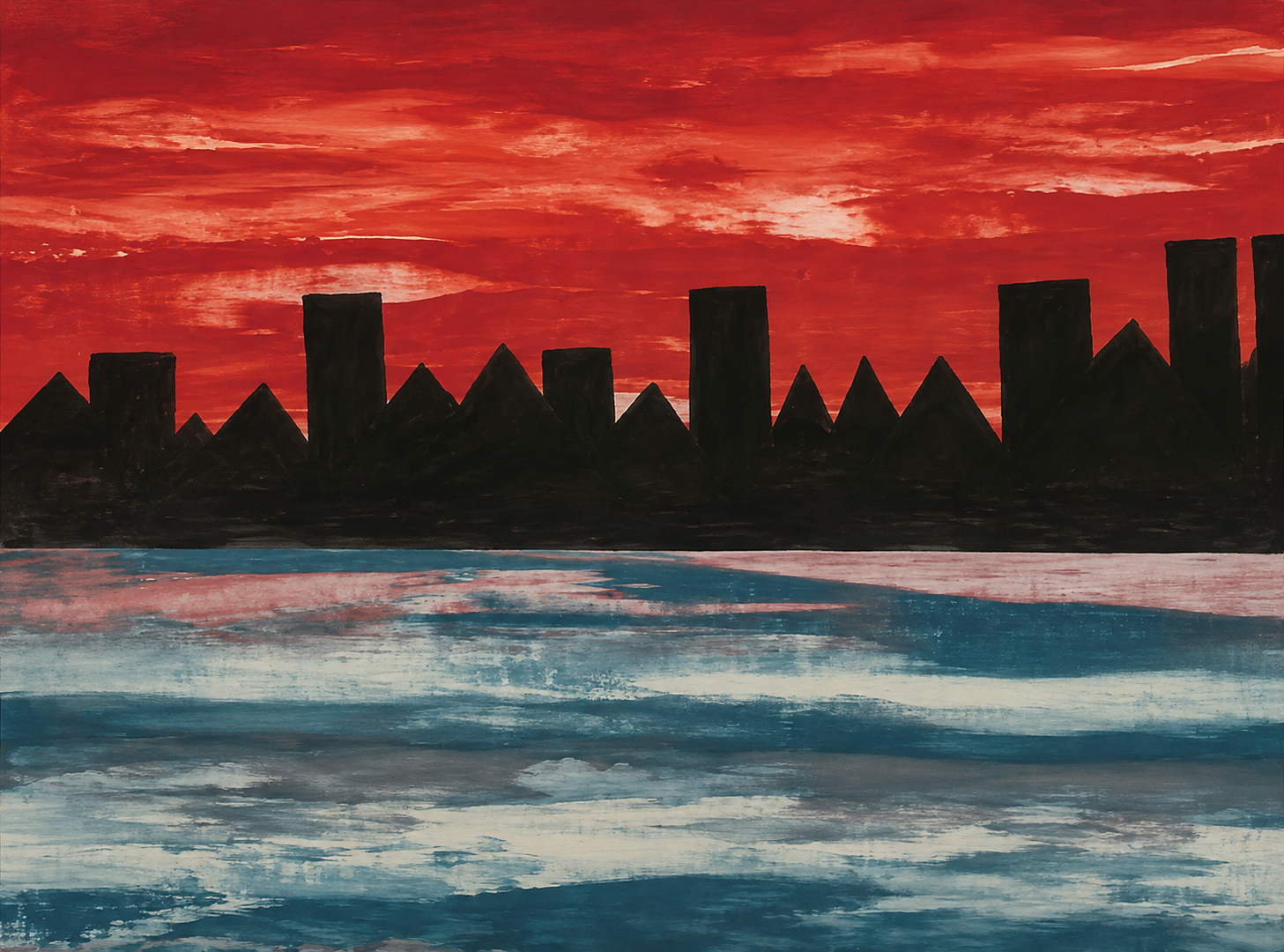 Painted city skyline in silhouette against a red sky above icy water