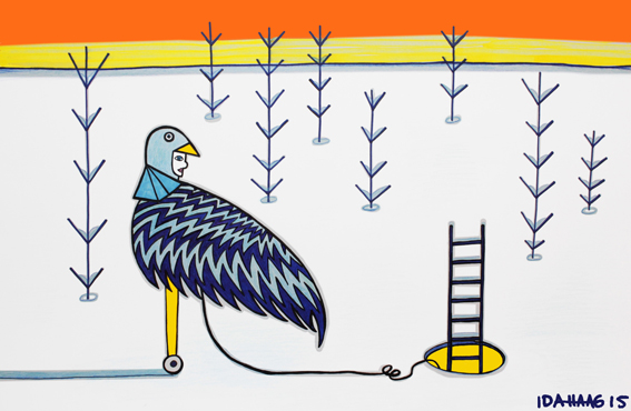 Painting of a blue-feathered bird beside a ladder leading into a round yellow opening in the ice